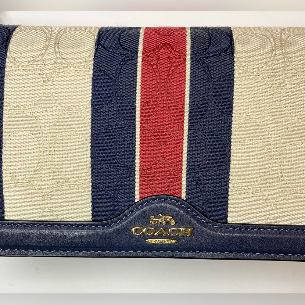 Coach Anna Foldover Clutch Crossbody Bag Cream and Red/Navy Stripe EUC! - Picture 5 of 10
